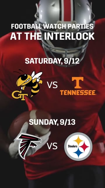 Football’s back, and so are we! We’re kicking off Watch Party season at The Interlock, and here’s what’s on deck:

🏈 Saturday, 9/12 — GA Tech vs. Tennessee
 🏈 Sunday, 9/13 (1 PM) — Falcons vs. Steelers tailgate 

Come hungry, come loud, come ready to make some noise for the birds and the yellow jackets! We’ll be doing watch parties all season long, September through October, so if football’s your thing, The Interlock is where you want to be. Stay tuned for more game days coming your way!